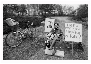 A picket mounted by the Women&#039;s Peace Camp at Greenham Common, 1982.